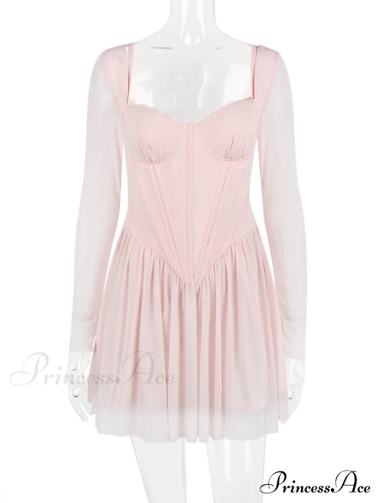 Pink Long Sleeve Charming Bustier Frill Mini Dress