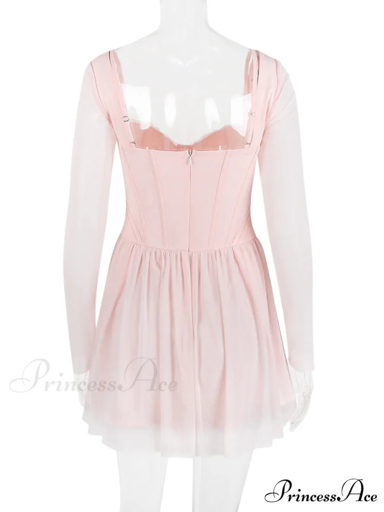 Pink Long Sleeve Charming Bustier Frill Mini Dress