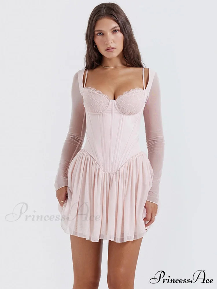Pink Long Sleeve Charming Bustier Frill Mini Dress Pink / XS