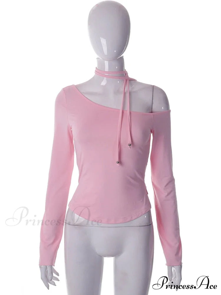Pink Long Sleeve Charming Strap Tie Around Top