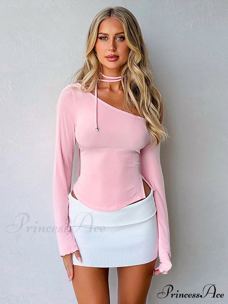 Pink Long Sleeve Charming Strap Tie Around Top Pink / S