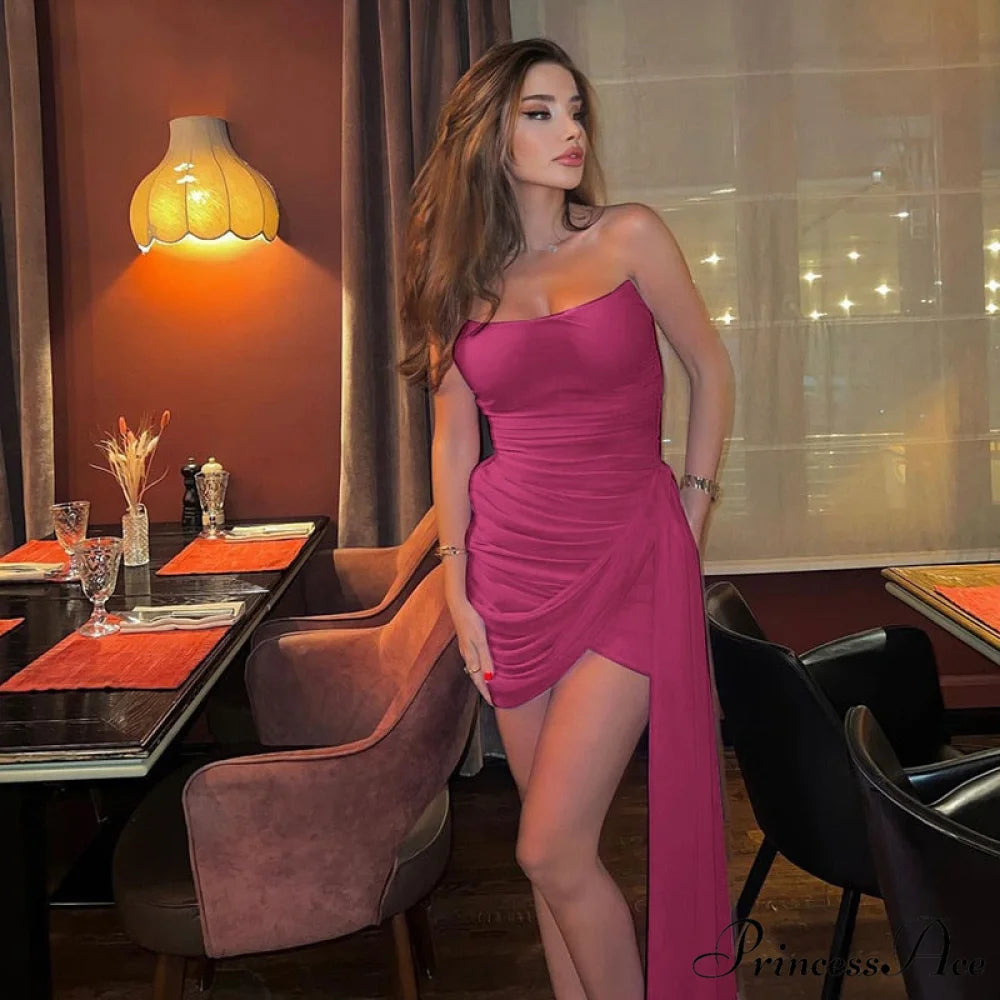 Pink Mesh Corset Charming Draped Tube Mini Dress Rose Red / S