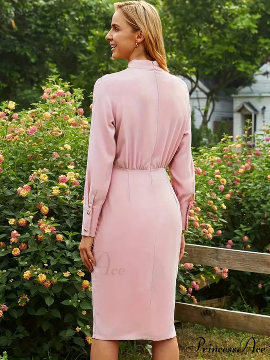Pink Mock Neck Long Sleeve Dress for Office Lady