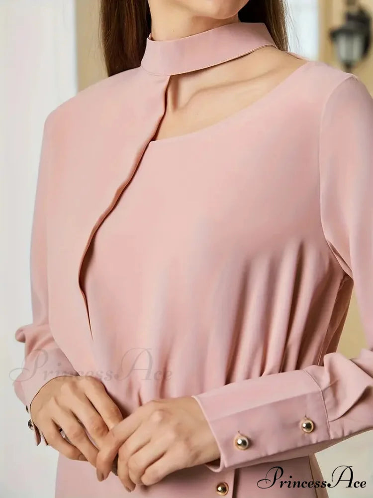 Pink Mock Neck Long Sleeve Dress for Office Lady