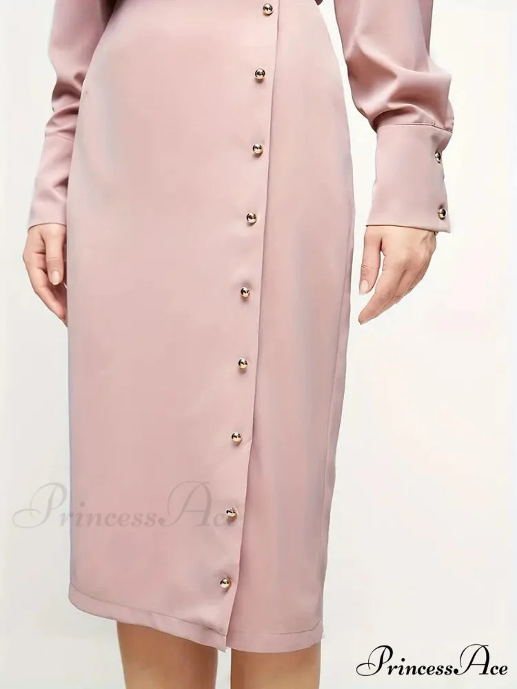 Pink Mock Neck Long Sleeve Dress for Office Lady