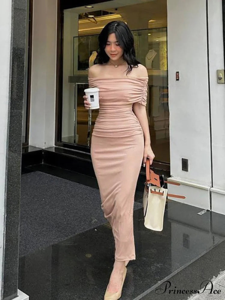 Pink Off Shoulder Bodycon Midi Dress S / Black