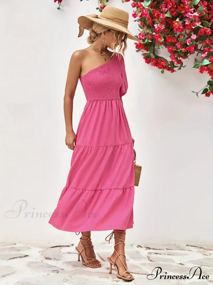 Pink One Shoulder Maxi Dress with Short Sleeve and Smocked Ruffles M / Pink