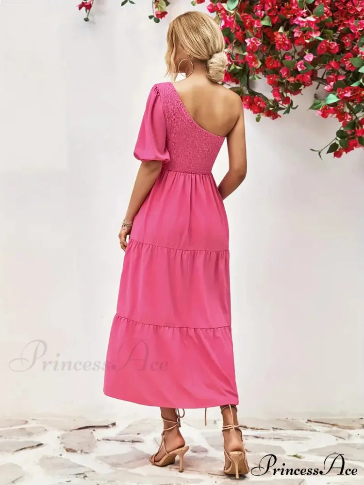 Pink One Shoulder Maxi Dress with Short Sleeve and Smocked Ruffles M / Blue