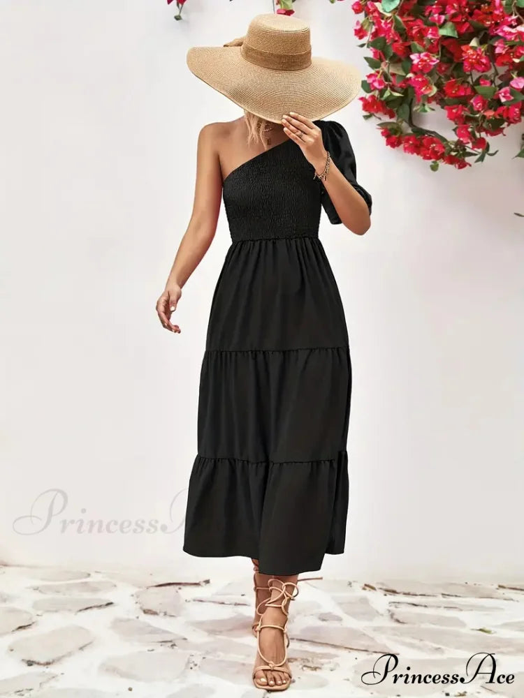 Pink One Shoulder Maxi Dress with Short Sleeve and Smocked Ruffles S / Pink