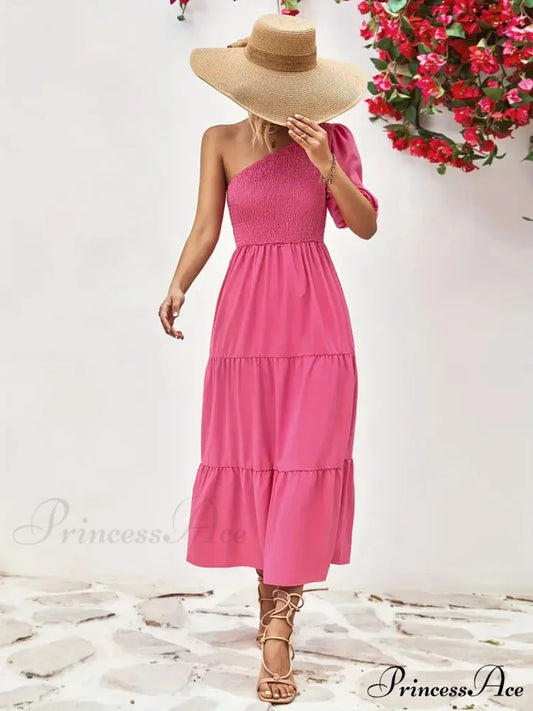 Pink One Shoulder Maxi Dress with Short Sleeve and Smocked Ruffles S / Black