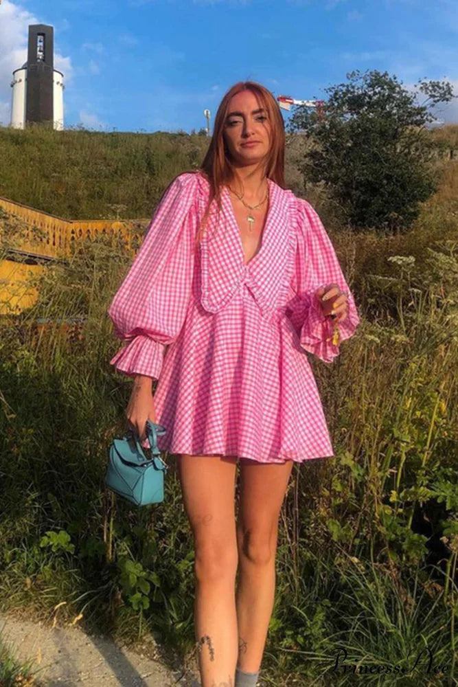 Pink Plaid A-Line Babydoll Dress with Lapel Pink / L