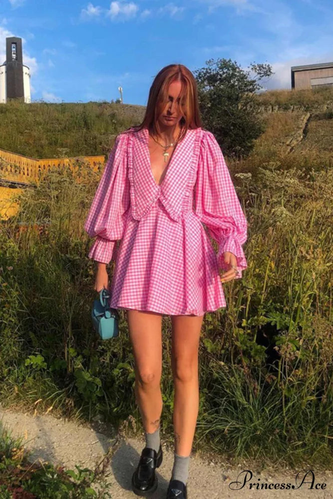 Pink Plaid A-Line Babydoll Dress with Lapel Pink / S