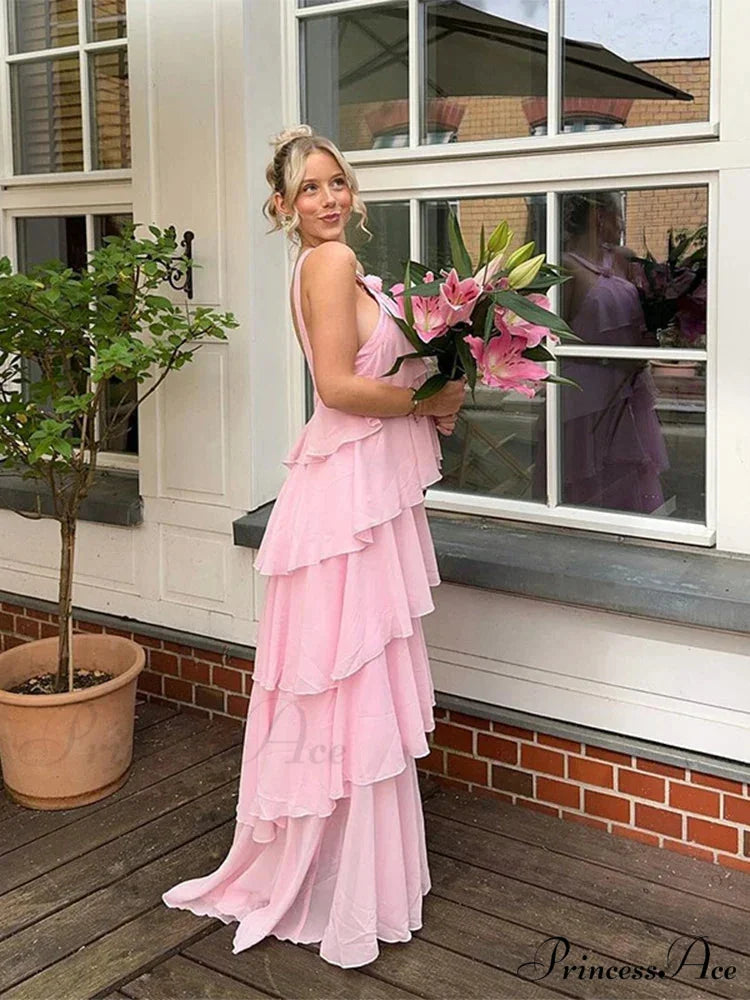 Pink Pleated Stylish Halter Maxi Dress Pink / M