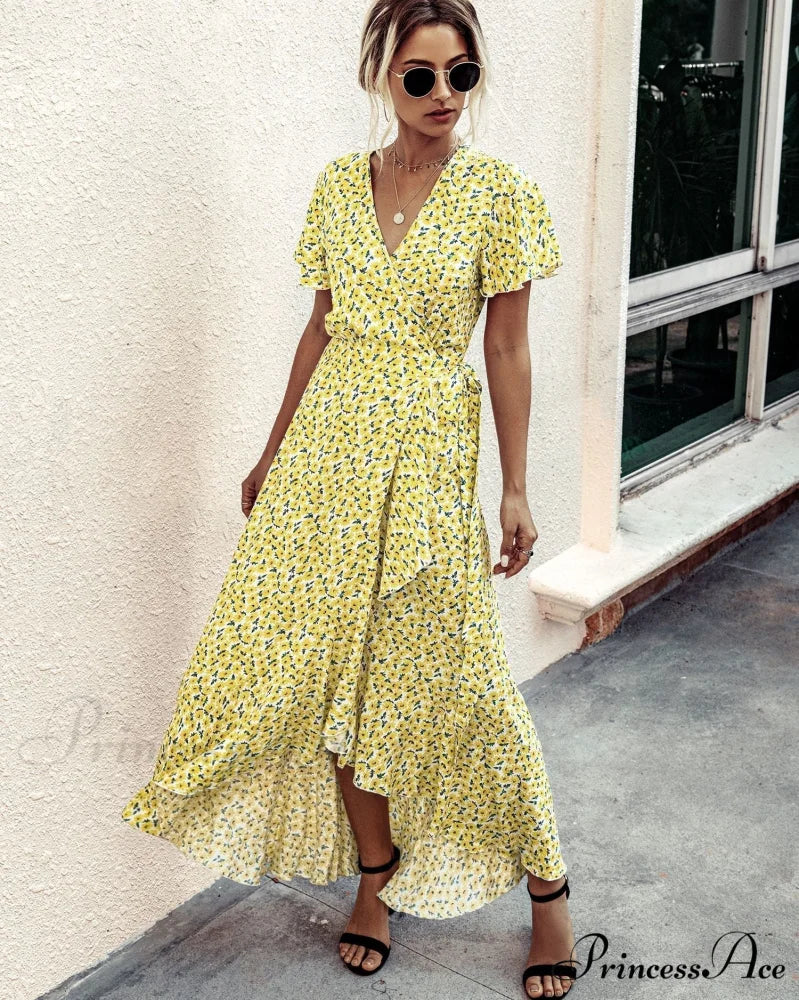 Pink Polka Dot V-Neck Ruffle Short-Sleeved Beach Vacation Summer Dress