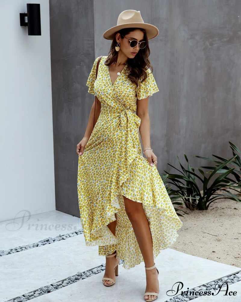 Pink Polka Dot V-Neck Ruffle Short-Sleeved Beach Vacation Summer Dress