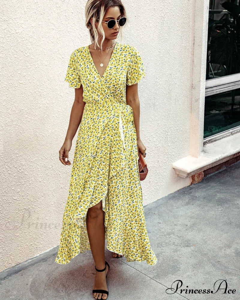 Pink Polka Dot V-Neck Ruffle Short-Sleeved Beach Vacation Summer Dress