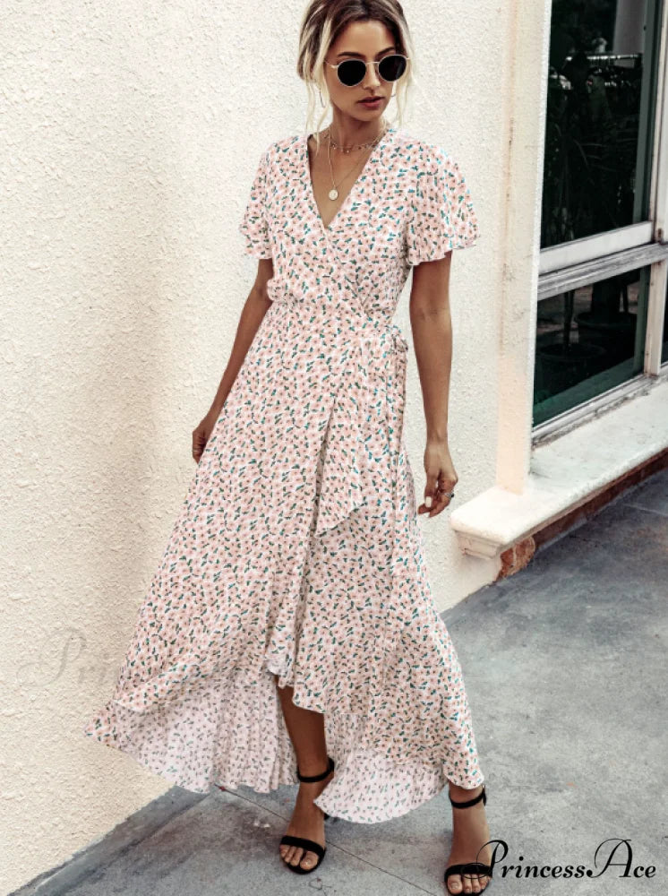 Pink Polka Dot V-Neck Ruffle Short-Sleeved Beach Vacation Summer Dress L / PINK