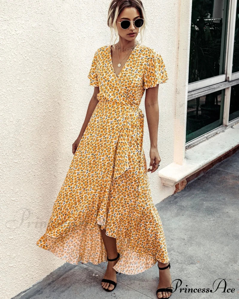Pink Polka Dot V-Neck Ruffle Short-Sleeved Beach Vacation Summer Dress L / YELLOW
