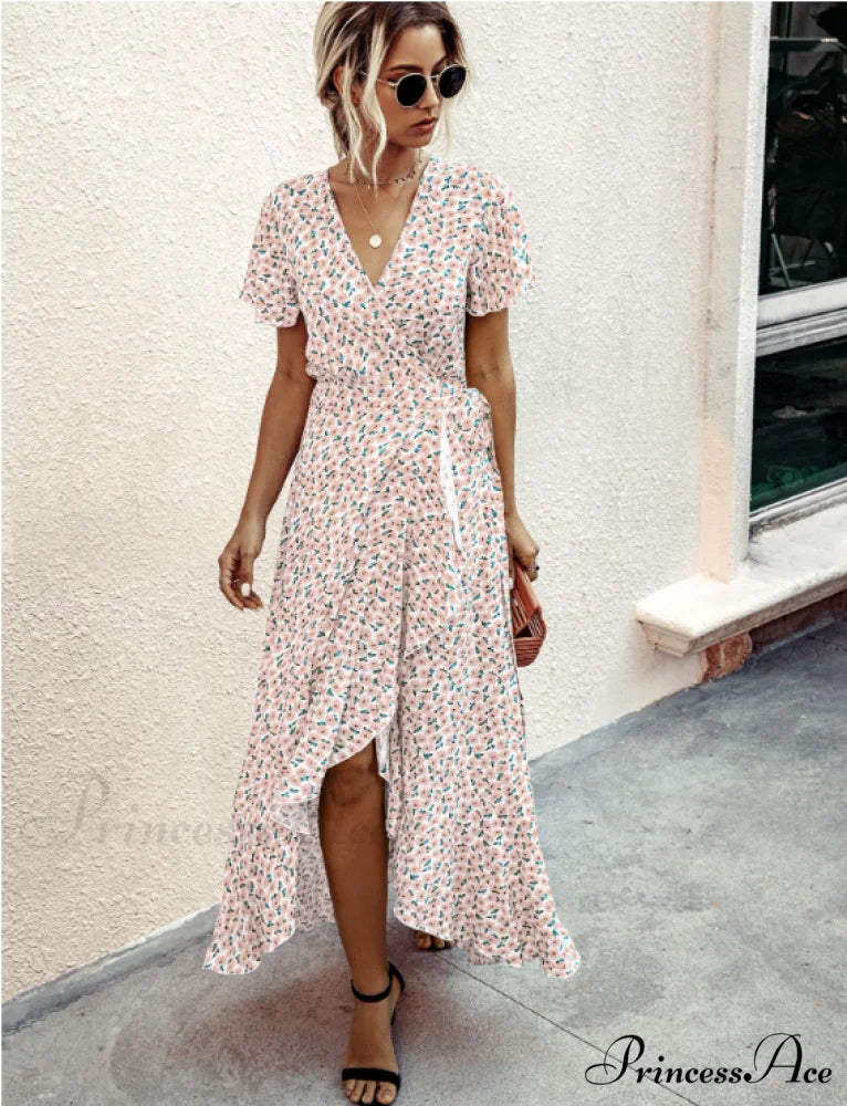 Pink Polka Dot V-Neck Ruffle Short-Sleeved Beach Vacation Summer Dress M / PINK