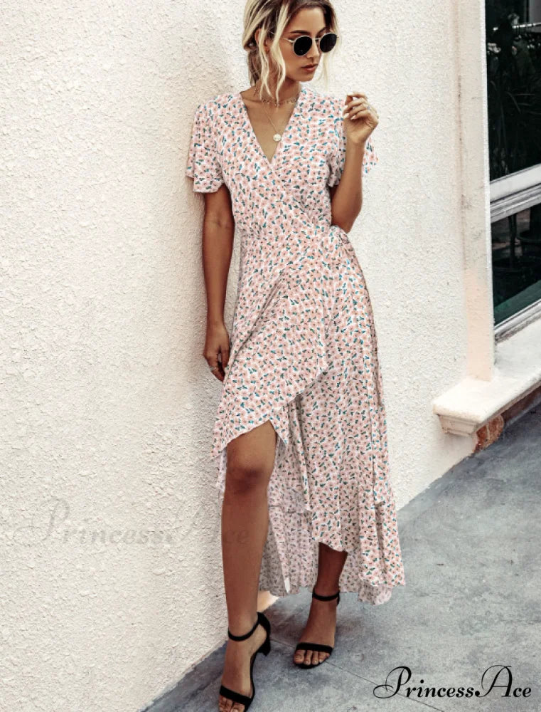 Pink Polka Dot V-Neck Ruffle Short-Sleeved Beach Vacation Summer Dress M / ORANGE