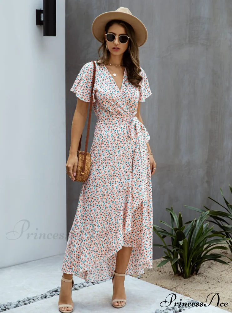 Pink Polka Dot V-Neck Ruffle Short-Sleeved Beach Vacation Summer Dress S / PINK