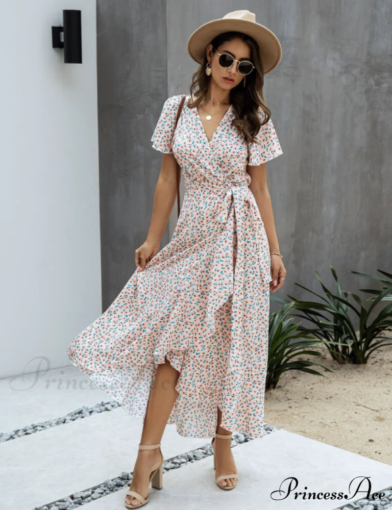 Pink Polka Dot V-Neck Ruffle Short-Sleeved Beach Vacation Summer Dress S / ORANGE
