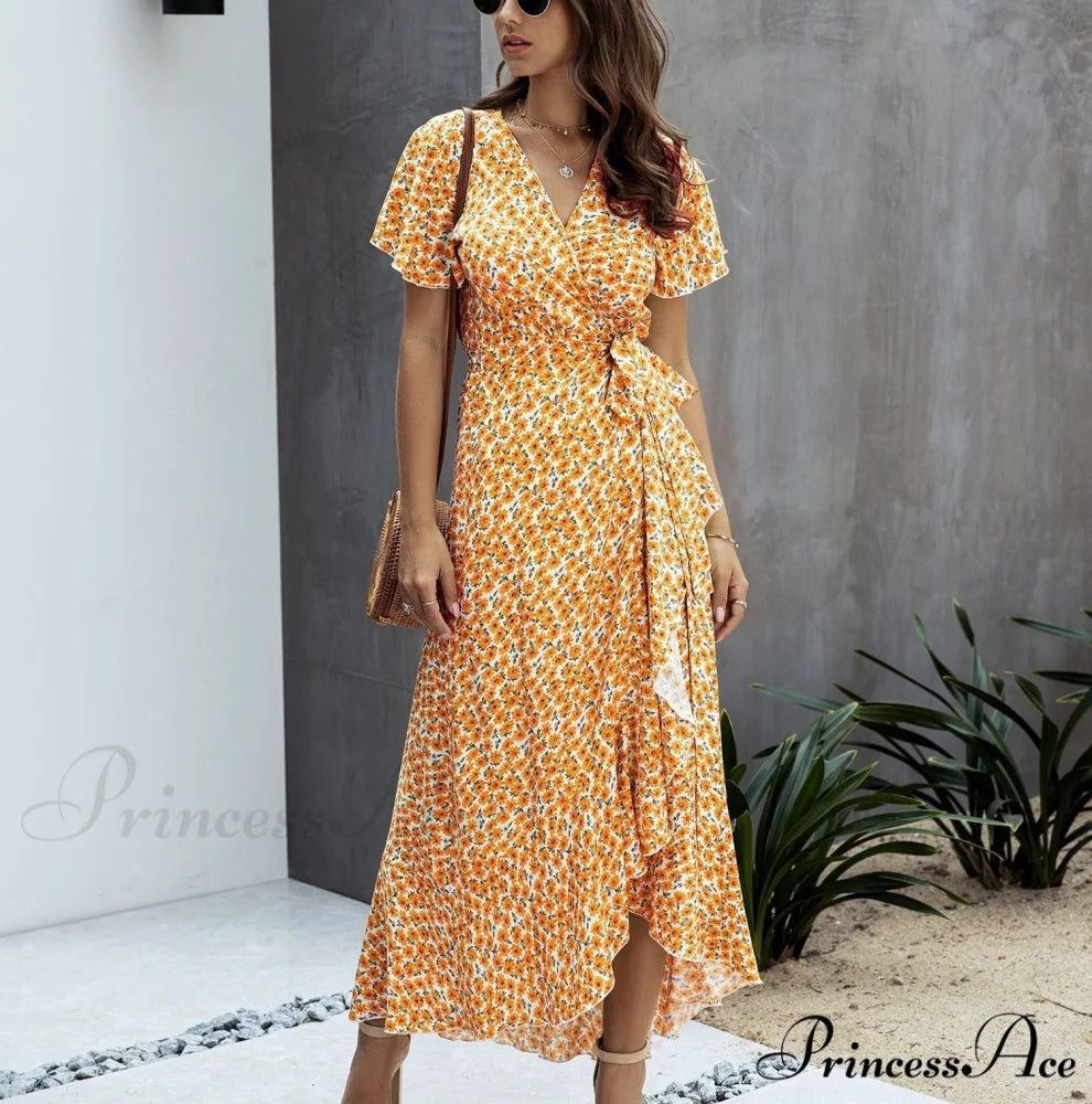 Pink Polka Dot V-Neck Ruffle Short-Sleeved Beach Vacation Summer Dress XL / YELLOW