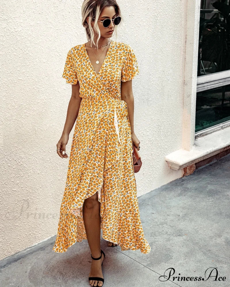 Pink Polka Dot V-Neck Ruffle Short-Sleeved Beach Vacation Summer Dress XXL / YELLOW