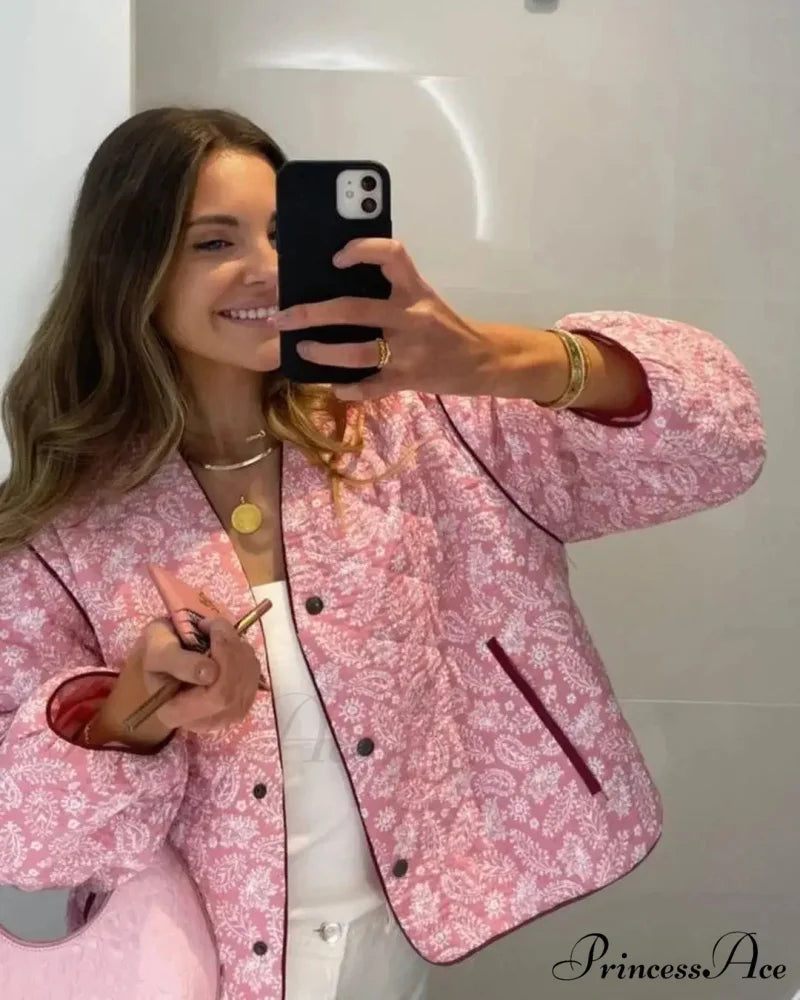 Pink Print Flower Patchwork Warm Cotton O Neck Button Loose 2024 Winter Fashion Street Stylish Coat Pink / S