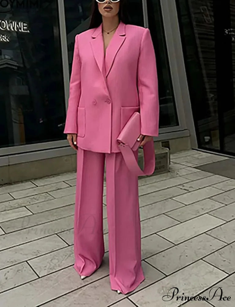 Pink Printed Pockets Blazer Pants Office Two Piece Set Pink / S officetwopieceset-250223