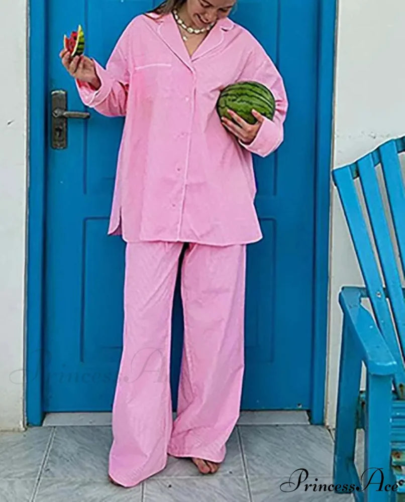Pink Printed Pockets Straight Pants Work Two Piece Set Pink / S officetwopieceset-250223