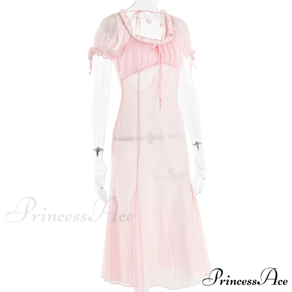 Pink Puff Sleeve Backless Graceful Crystal Button Mesh Midi Dress
