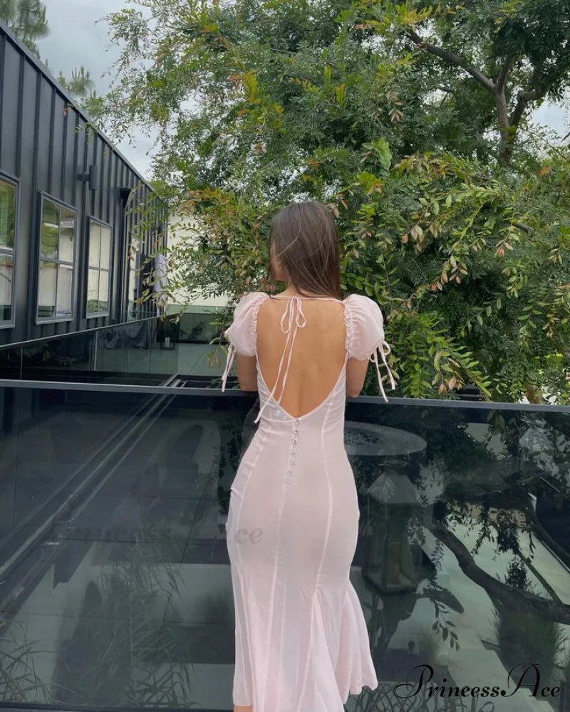 Pink Puff Sleeve Backless Graceful Crystal Button Mesh Midi Dress