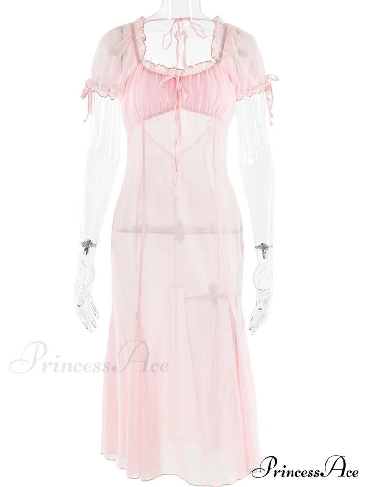 Pink Puff Sleeve Backless Graceful Crystal Button Mesh Midi Dress