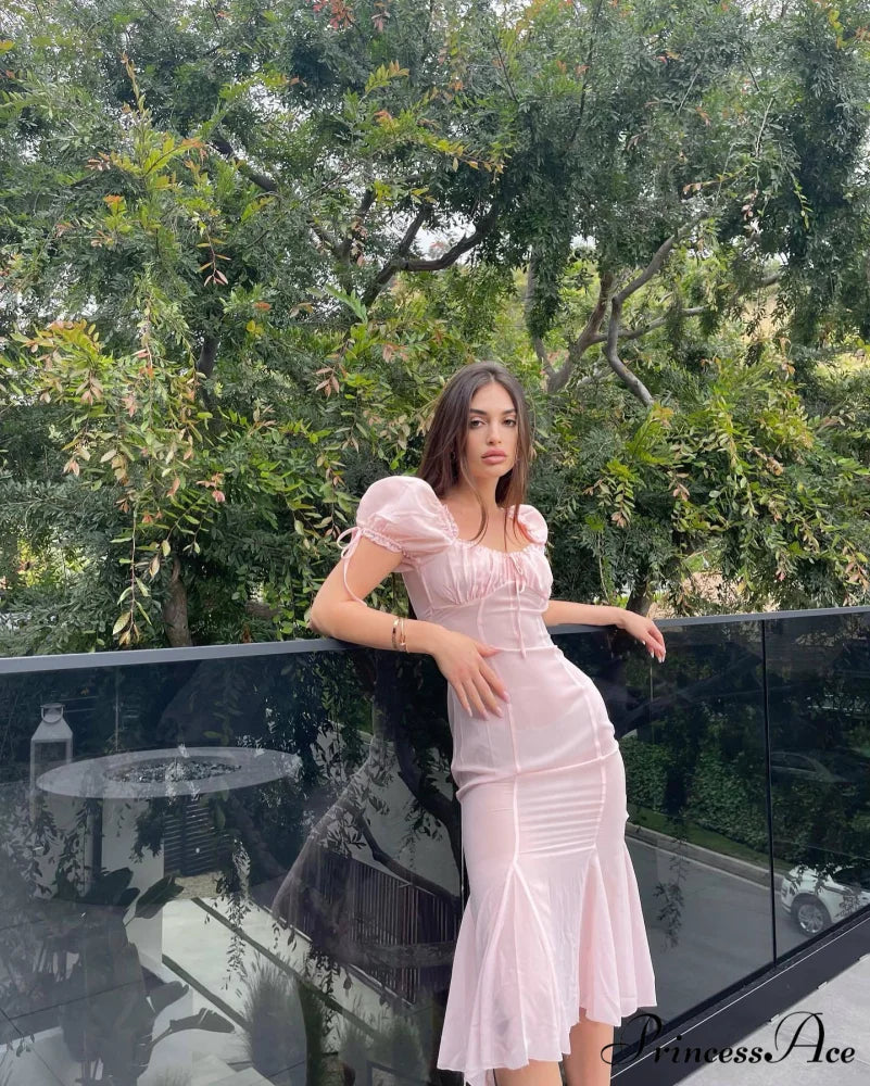 Pink Puff Sleeve Backless Graceful Crystal Button Mesh Midi Dress