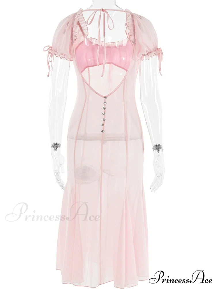 Pink Puff Sleeve Backless Graceful Crystal Button Mesh Midi Dress pink / S
