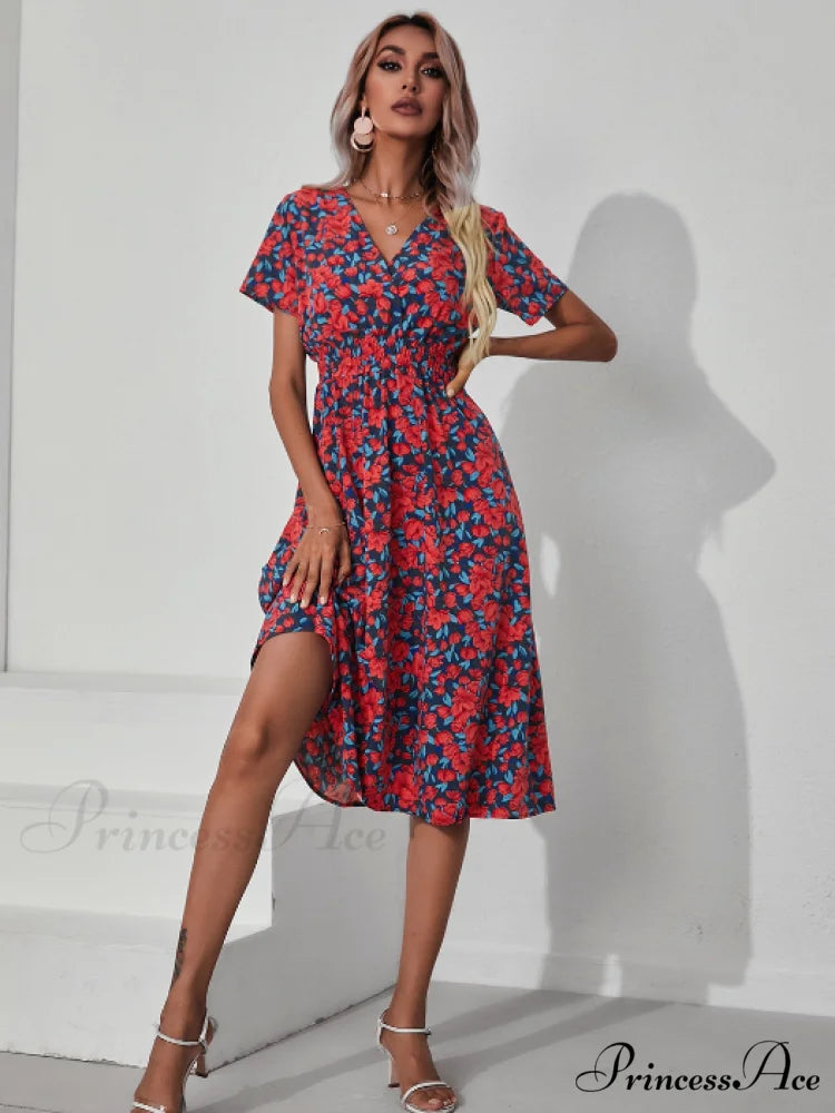 Pink Retro Casual V-Neck Short-Sleeved A-Line Beach Dress L / PINK