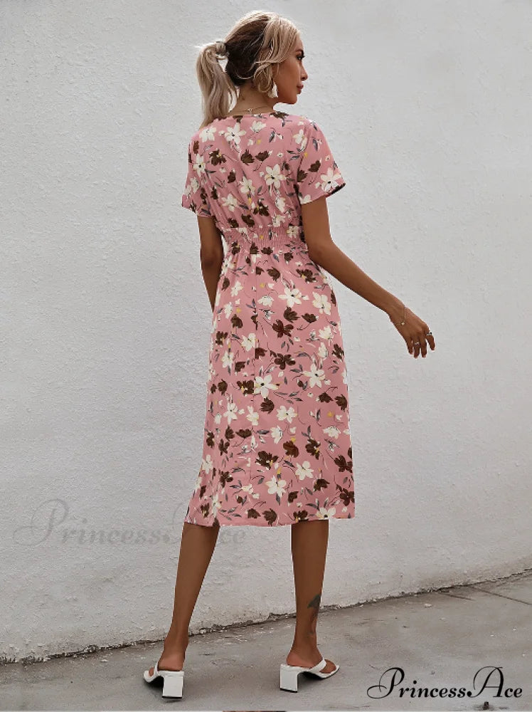 Pink Retro Casual V-Neck Short-Sleeved A-Line Beach Dress L / BLUE