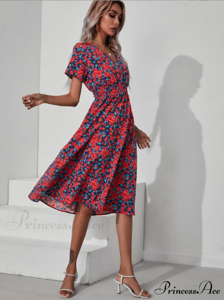 Pink Retro Casual V-Neck Short-Sleeved A-Line Beach Dress L / BURGUNDY