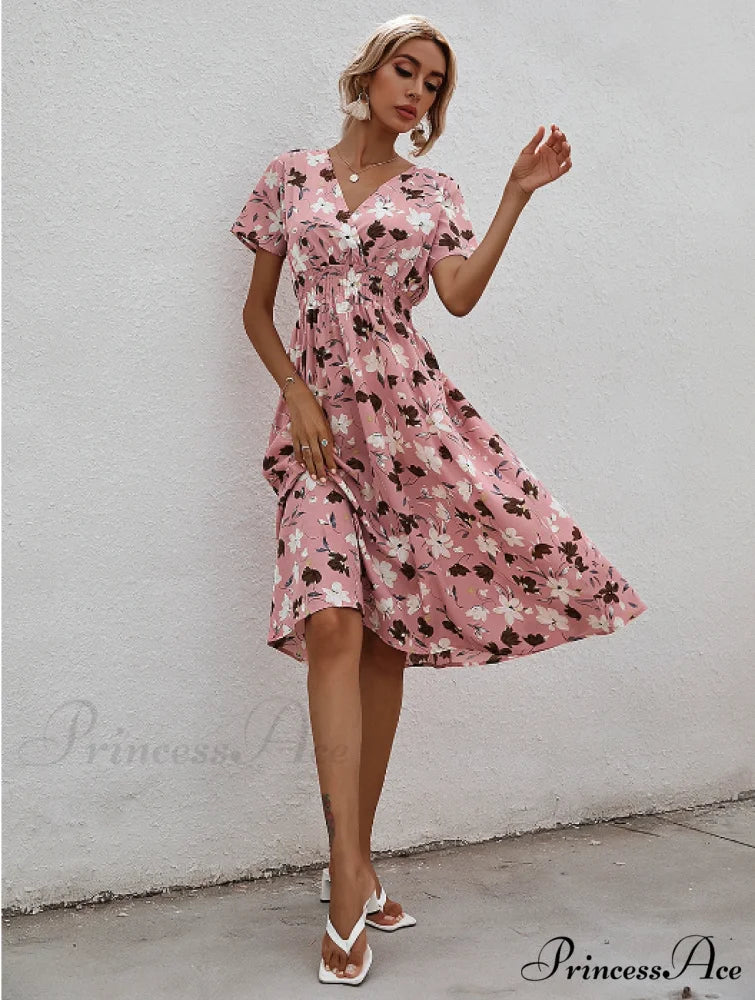 Pink Retro Casual V-Neck Short-Sleeved A-Line Beach Dress M / PINK