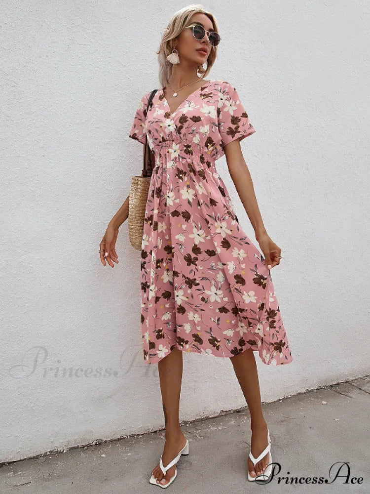Pink Retro Casual V-Neck Short-Sleeved A-Line Beach Dress M / BURGUNDY