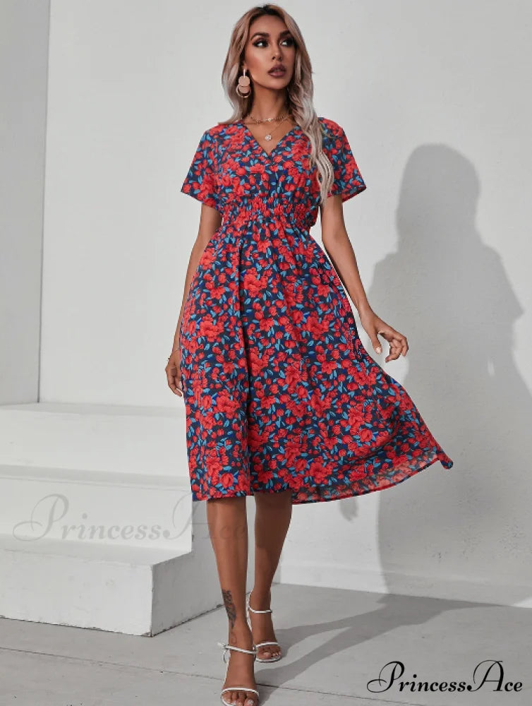 Pink Retro Casual V-Neck Short-Sleeved A-Line Beach Dress XL / BLUE