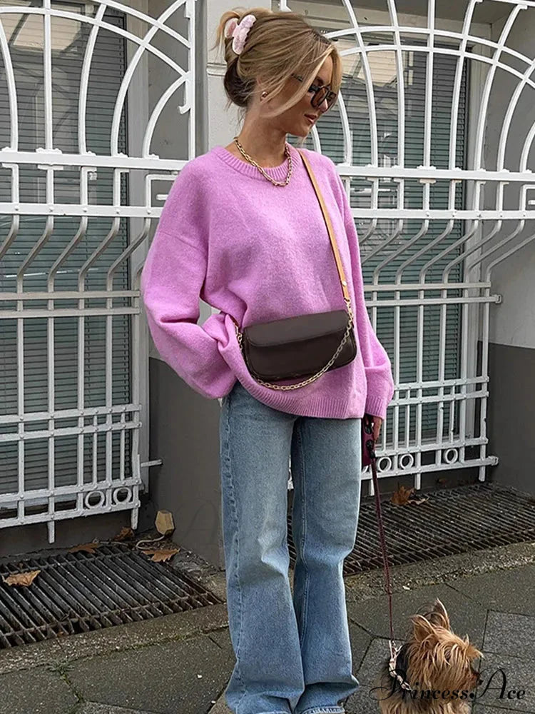 Pink Rose Round Neck Lantern Sleeve Jumper Pink / S swraters-241228