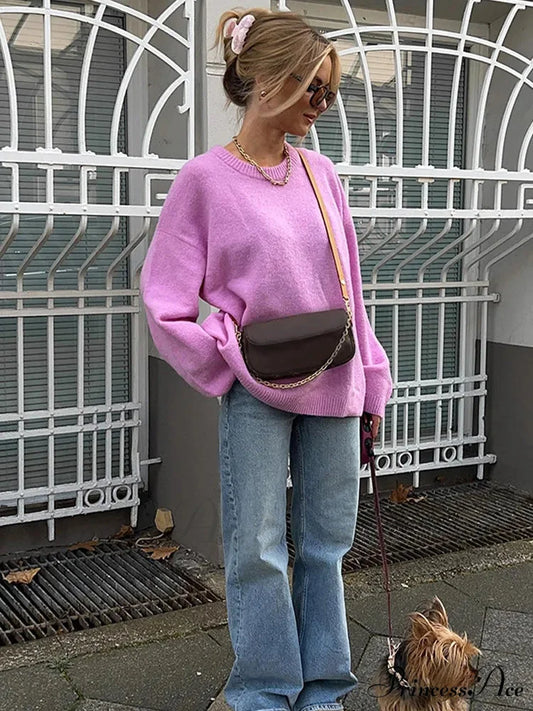 Pink Rose Round Neck Lantern Sleeve Jumper Pink / S swraters-241228