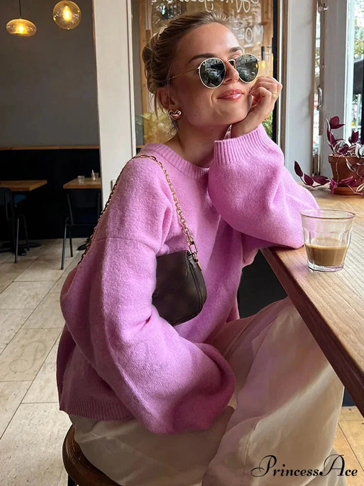 Pink Rose Round Neck Lantern Sleeve Jumper swraters-241228