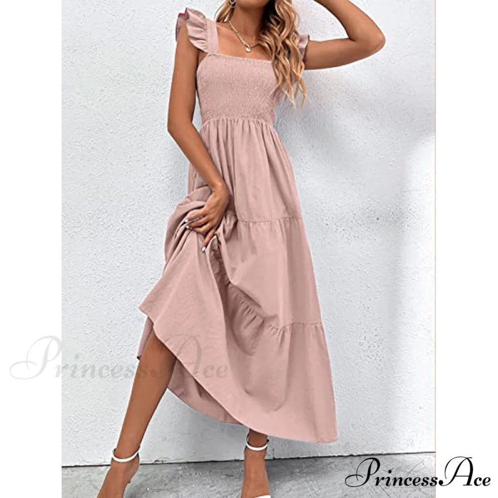 Pink Ruffled Straps Smocked Dress L / Pink