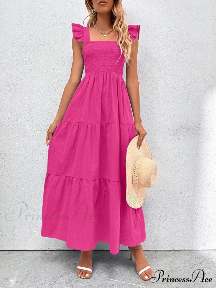 Pink Ruffled Straps Smocked Dress M / Pink