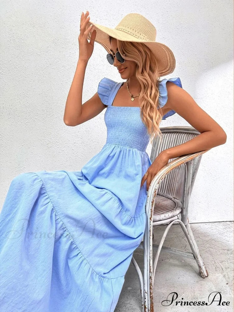 Pink Ruffled Straps Smocked Dress M / Blue