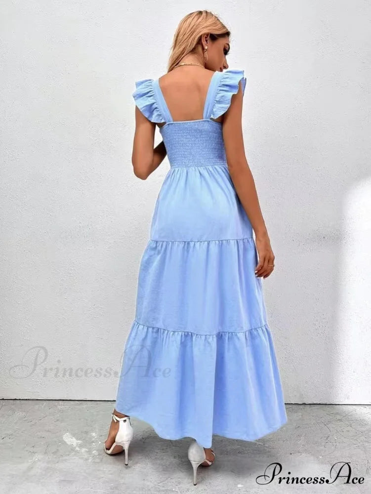 Pink Ruffled Straps Smocked Dress M / Green