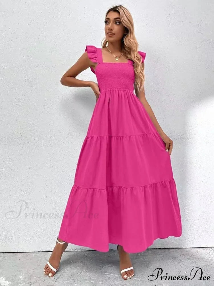 Pink Ruffled Straps Smocked Dress S / Blue